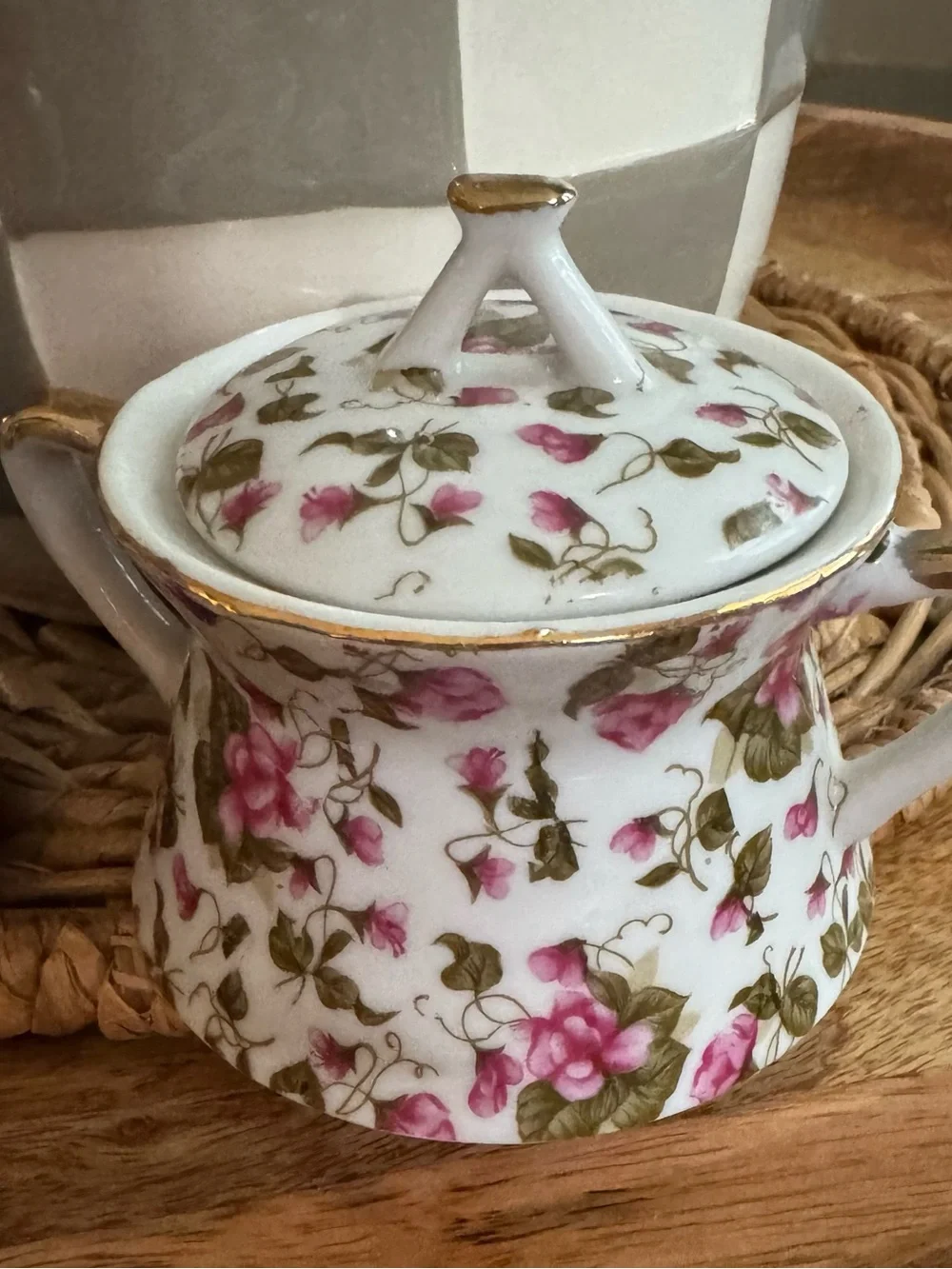 Lefton Rose Chintz Porcelain Sugar Bowl & Creamer Set with Gold Trim